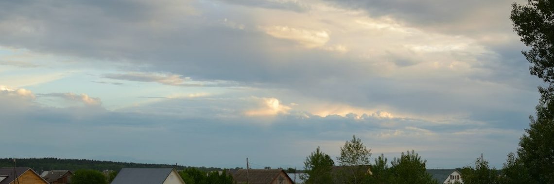 a grassy field with houses in the distance